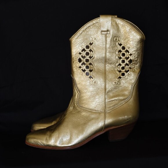 Bama Shoes - Bama Gold Leather Western Boots With Cut-Out Patterns - Italy